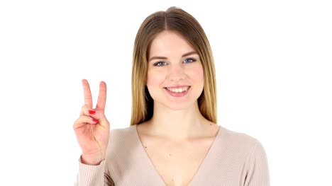 Victory-Sign,-Woman-on-White-Background
