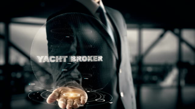 Yacht-Broker-mit-Hologramm-Geschäftsmann-Konzept