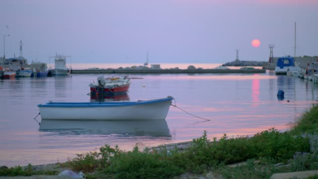 Marine-evening-scene-of-quiet-harbour-with-tied-up-boats-and-sea-gulls