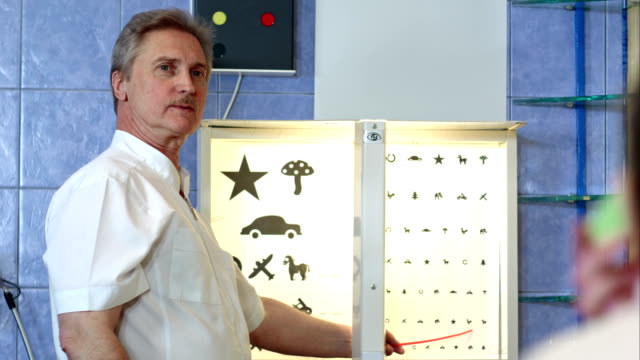 Elderly-male-ophthalmologist-pointing-at-letters-of-eye-chart