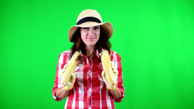 Retrato-de-sonriente-granjero-de-sexo-femenino-en-camisa-a-cuadros-y-sombrero,-sosteniendo-maíz-mazorcas-en-manos,-en-fondo-verde-en-estudio.-Asociación-sexual-con-las-mazorcas-de-maíz,-alimento