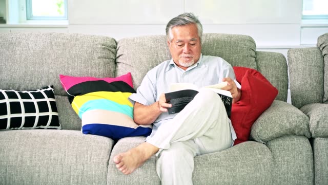 Viejo-libro-de-lectura-en-sala-de-estar.-Hombre-mayor-asiático-con-barba-blanca.-Concepto-de-estilo-de-vida-superior.-Regulador-de-tiro.