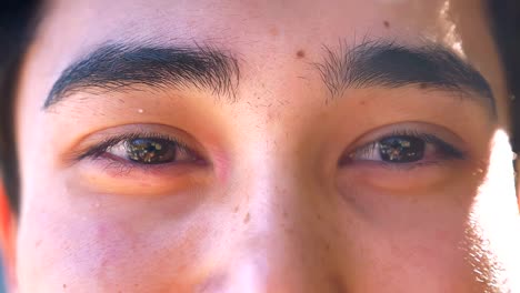Sincere-asian-guy-is-looking-at-camera-precisely,-not-blinking,-close-up-brown-eyes,-black-hair