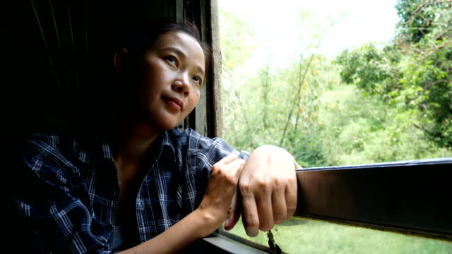4-viajes-de-mujer-asiática-de-K.-en-tren-mirando-por-la-ventana-del-tren-en-ferrocarril-tren-Inicio-en-Bangkok-ir-a-Kanchanaburi-en-Tailandia.-disfrutar-de-transporte-por-tren-vintage
