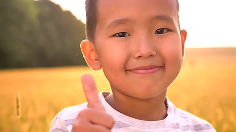 Portrait-of-awesome-asian-little-boy-looking-happy-and-showing-like-sign-in-yellow-sunny-field