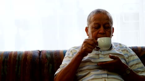 Porträt-von-senior-woman-Kaffeetrinken-auf-Sofa-4k