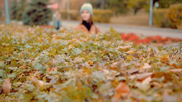 Mädchen-hält-ihre-Hand-über-den-Busch-im-Herbst-park