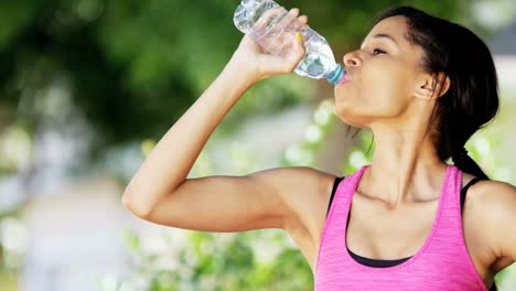 Portrait-ethnic-female-drinking-water-fitness-routine-outdoors