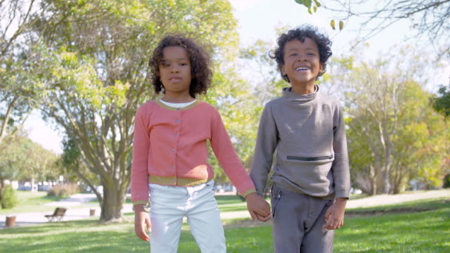 African-American-curly-Bruder-und-Schwester,-die-Hand-in-Hand-im-park