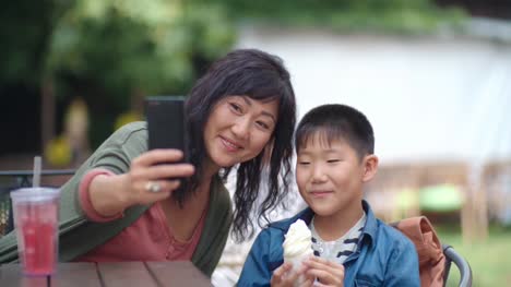 Mamá-y-niño-tomar-fotografía-con-Smartphone-en-Cafe-al-aire-libre