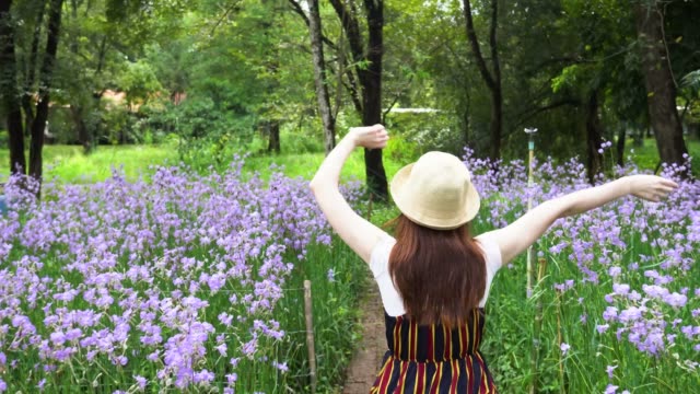 Vista-posterior-de-mujer-feliz-levantando-las-manos-hacia-arriba-y-camina-en-campo-de-púrpura-de-la-flor-durante-el-día---flores-de-orquídea,-lavanda