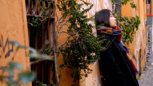 Pensive-Pretty-asian-woman-alone-in-the-street,waiting-her-boyfriend