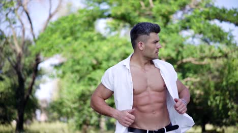 Confident-metrosexual-man-in-the-park-on-a-hot-summer's-day.-Muscular-man.-Beautiful-body.-Sex-and-passion