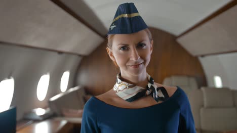 Hübsche-Stewardess-Überprüfung-des-Flugzeuges-Salon-und-zu-Fuß-nach-Kamera-mit-Lächeln