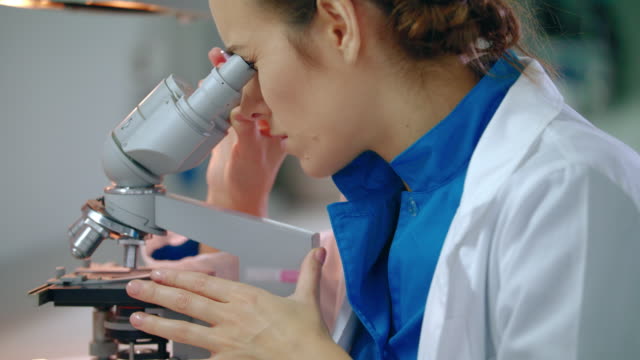 Chemiewissenschaftler-suchen-Mikroskop.-Wissenschaftliches-Mikroskop-Forschungskonzept