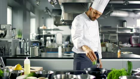 Professional-Chef-arbeiten-in-einem-berühmten-Restaurant-Küche.-Beginnt-Vorbereitung-seiner-spezialisiert-Gericht,-schaltet-Herd-und-setzt-Pfanne-mit-Öl-drauf.