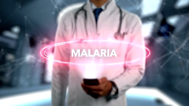 Malaria---hombre-Doctor-con-el-teléfono-móvil-se-abre-y-toca-holograma-enfermedad-Word