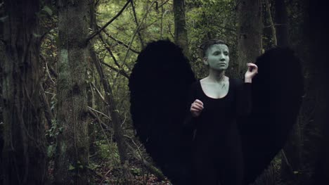 4k-Halloween-mujer-oscura-de-Angel-negro-alas-en-bosque-buscando-y-buscando