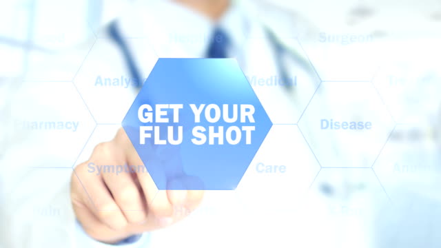 Erhalten-Sie-Ihre-Grippe-Impfung,-Arzt-arbeitet-auf-holographische-Schnittstelle,-Motion-Graphics