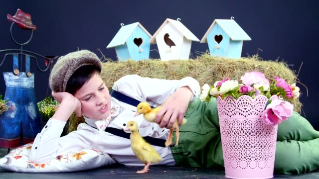 Eine-rustikale,-stilvoll-gekleidete-junge-spielt-mit-Enten-und-Hühner,-ein-Heuhaufen-im-Hintergrund,-farbige-Vogel-Häuser-und-flowers.studio-Videodreh-mit-einer-thematischen-Dekoration