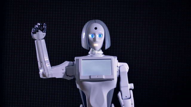Ein-Roboter-auf-der-Suche-nach-Menschen-und-begrüßen-sie.