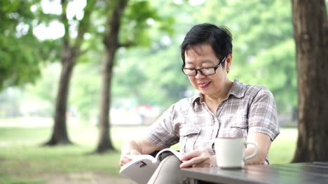 Asiatische-senior-Frau-sitzt-und-liest-ein-Buch-im-grünen-Naturpark-Hintergrund