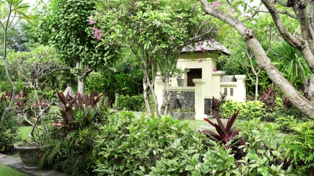 Die-Kamera-bewegt-sich-auf-einem-tropischen-Garten-mit-dem-Pool-längs-der-blühenden-Bäumen.-Bali.-Indonesien.