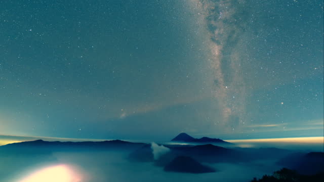 Milkyway-Galaxie,-die-Bewegung-von-links-nach-über-den-nebligen-Bromo-Tengger-Semeru-National-Park-einen-Zeitraffer-video-Clip-rechts