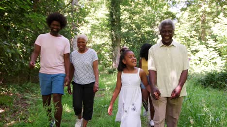Multi-generation-black-family-walking-together-in-a-forest
