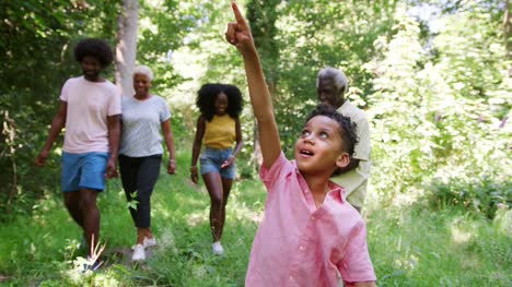 Boy-caminando-por-delante-de-la-familia-de-multi-generación-negro-en-bosque