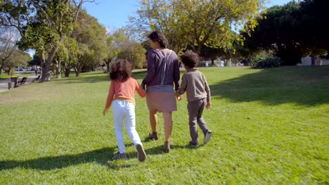 Glückliche-asiatische-Mutter-zu-Fuß-im-Park-mit-gemischten-Rennen-Kinder