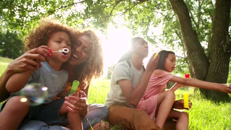 Young-attractive-african-american-family-blowing-bubbles-in-the-sun.