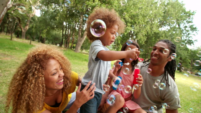 Schöne-afrikanische-amerikanische-Familie-mit-einem-Picknick-und-Blasen-Blasen.