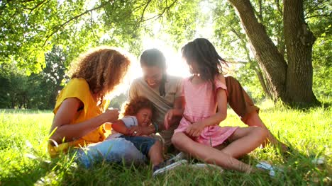 Stunning-african-american-family-relaxing-under-a-tree-in-park
