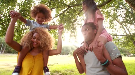 Schöne-afroamerikanische-Familie-lachen-und-machen-lustige-Gesichter