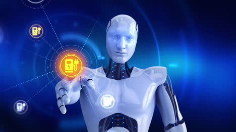 Robot-humanoide-tocando-en-la-pantalla-símbolos-de-la-estación-de-carga-del-coche-aparece