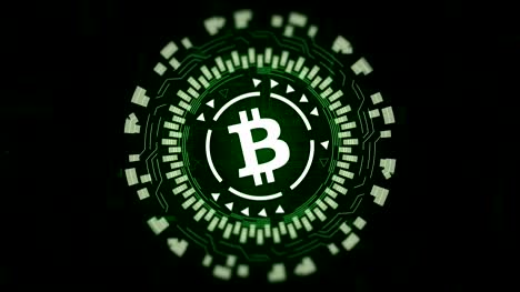 Green-circular-hologram-rotating-bitcoin-sign-in-center