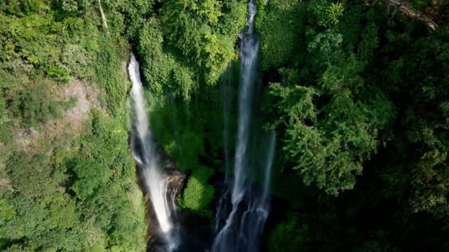 Aerial-view-of-Waterfall-in-green-rainforest