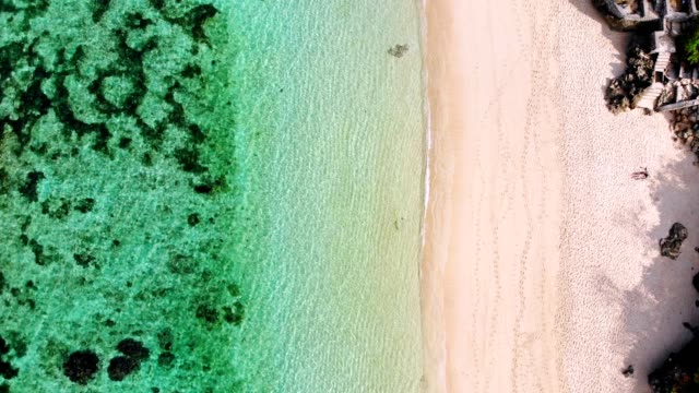 Vista-superior-de-playa-tropical-con-agua-de-mar-de-color-turquesa,-secuencias-del-abejón-aéreo
