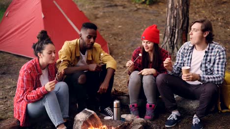 Hungry-tourists-friends-are-eating-warm-marshmallow-sitting-near-fire-and-enjoying-food,-fresh-air-and-good-company.-Nature,-camping-and-happiness-concept.