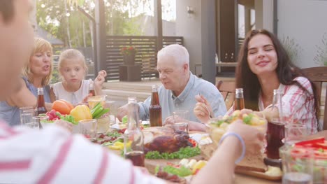 Big-Family-Garden-Party-Celebration,-Gathered-Together-at-the-Table-Relatives-and-Friends,-Young-and-Elderly-are-Eating,-Drinking,-Passing-Dishes,-Joking-and-Having-Fun.