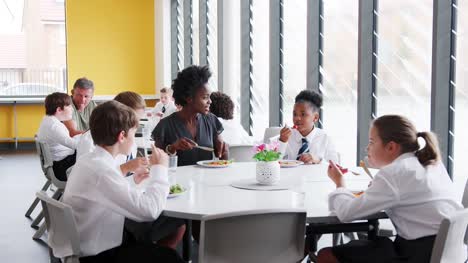 Lehrerin-mit-Gruppe-von-Schülerinnen-und-Schüler-tragen-einheitliche-an-Tisch-sitzen-und-Essen-In-der-Cafeteria