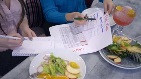 gesunden-Lebensstil-Mädchen-Kalorien-mit-Diät-Planungskalender-auf-Blatt-Papier-während-des-Mittagessens-zählen.