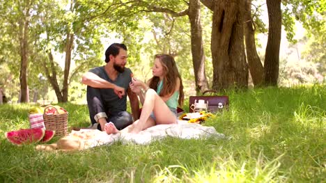 Fröhlich-lächelnd-Paar-mit-einem-Picknick-im-park-und-spielerisch-Füttern-jedes-andere-Obst