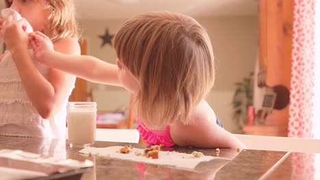 Sisters-eating-milk-and-cookies-at-the-kitchen-counter