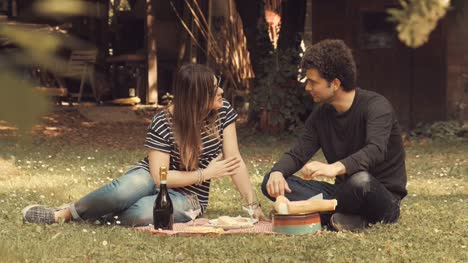 Young-couple-picnics-and-talks-in-the-garden-in-a-sunny-day