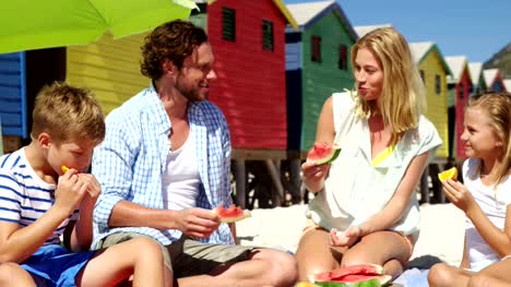 Family-eating-fruits-at-beach