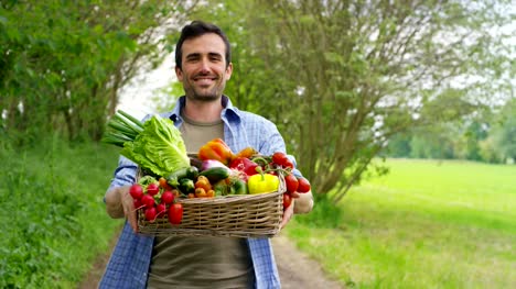 Retrato-de-un-feliz-joven-agricultor-con-verduras-en-una-canasta.-Sobre-un-fondo-de-la-naturaleza-el-concepto-de-biológicos,-productos-bio,-bio-ecología,-cultivados-por-manos-propias,-vegetarianos,-ensaladas-saludables