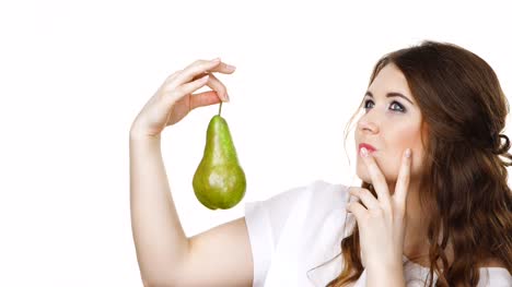 Woman-holding-pear-fruit,-isolated.-Healthy-diet.