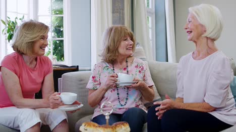 Senior-Freundinnen-Afternoon-Tea-zu-Hause-gemeinsam-genießen